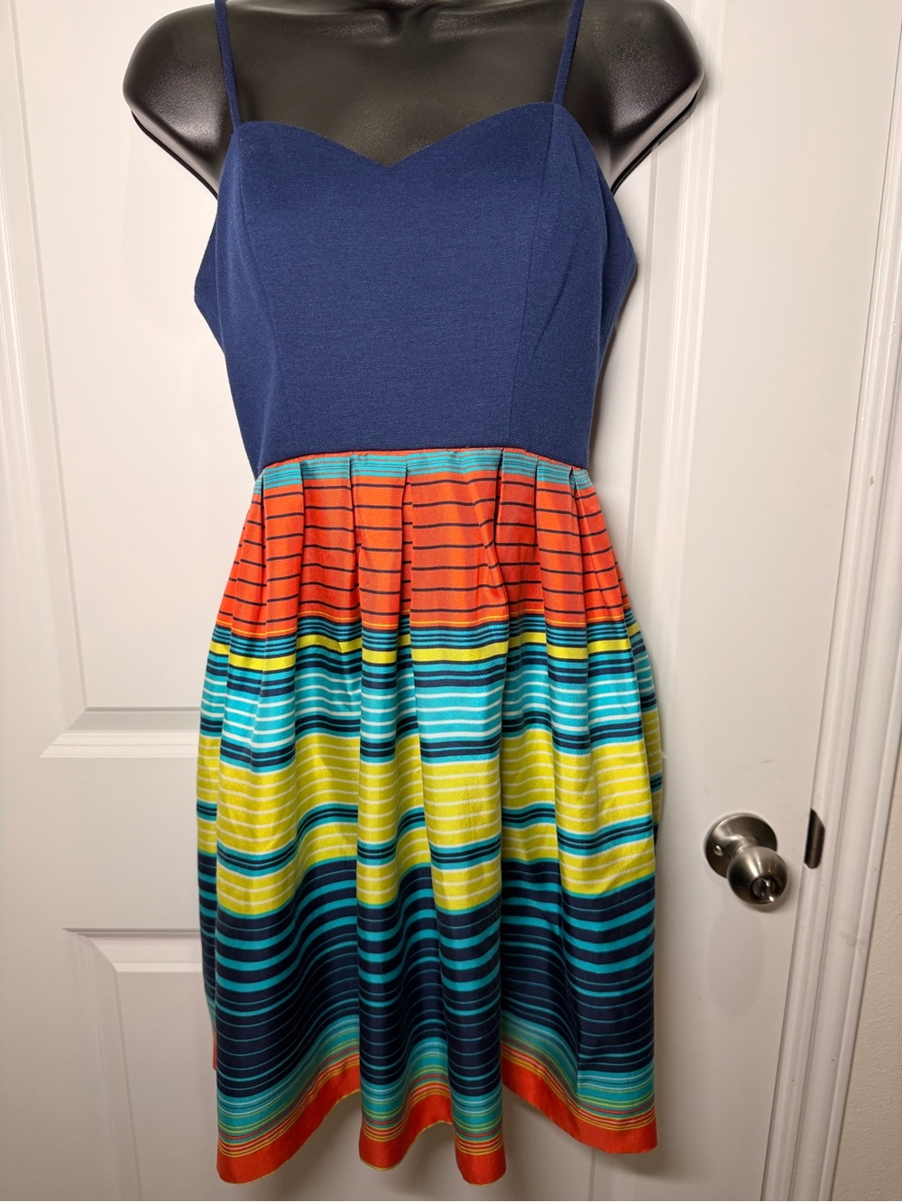 Cynthia Steffe Navy Bodice Multicolor Striped Midi with Orange & Yellow Bands